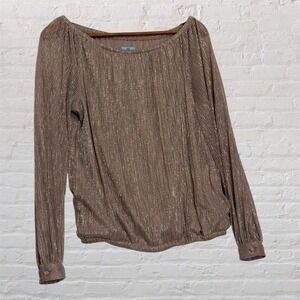 CeCe Metallic Pleated Long Sleeve Bubble Hem Blouse Rose Gold Size M